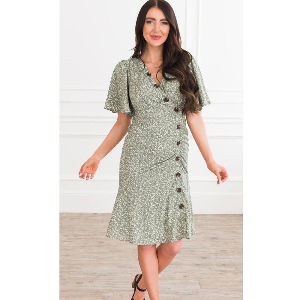 Mikarose Juniper Button Dress Sz S Short Flutter Sleeves Green Floral Peasant